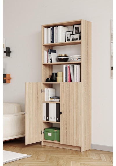 Bili Kitaplık 5 Raflı 2 Kapaklı Çok Amaçlı Ofis Salon Kitap Dosya Rafı Meşe Meşe