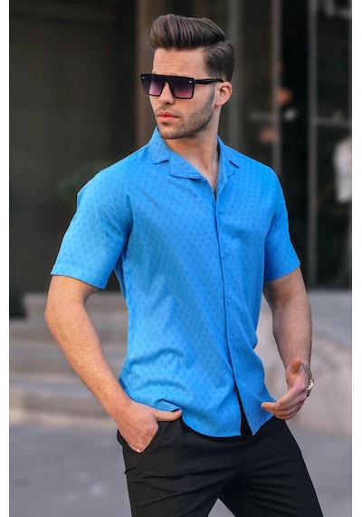 Madmext Mavi Slim Fit %100 Pamuk Kısa Kol Erkek Gömlek 5585 Mavi