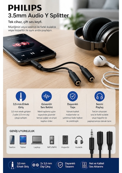 Philips Swa2151w/10 3.5mm Kulaklık Çoklayıcı Y Splitter Adaptör 1 Erkek - 2 Dişi Ses Dönüştürücü