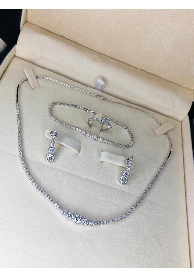 Kadın Gümüş Set - Parla Zirconia Taşlı Su Yolu Set • Işıklı Kutuda • Düğün • Nişan • Gelin Seti