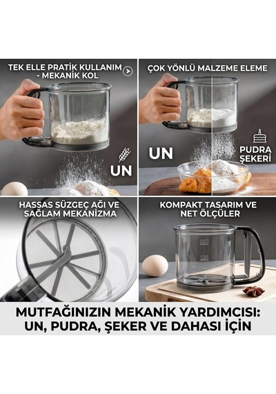 Mekanik Kol İle Tek Elle Kullanımlı Un Ve Pudra Şekeri Elek, Şeffaf, Kompakt Tasarım Diğer