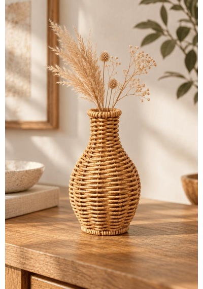 Atbyhome Doğal Hasır Rattan Amfora Çiçek Vazosu 16 Cm - Masa Üstü Dekoratif El Örgüsü Kuru Çiçeklik Vazo Kahverengi