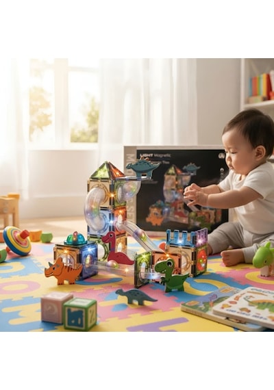Magnetic Işıklı Manyetik Blok 64 Parça Dinozor Temalı Yapı Oyuncak Seti 3+ Eğitici Zeka Oyunu