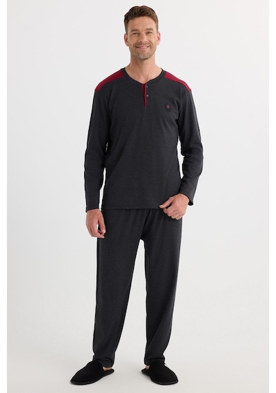 Tudors Erkek Regular Fit Pamuklu Düğmeli Yaka Beli Lastikli Desenli Antrasit Pijama Takımı-37942 Antrasit