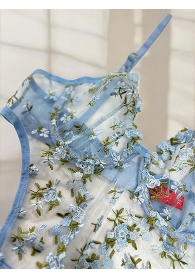 Arona Kadın Çiçek Desenli Transparan Vücuda Oturan Mavi Bodysuit - 123 Mavi