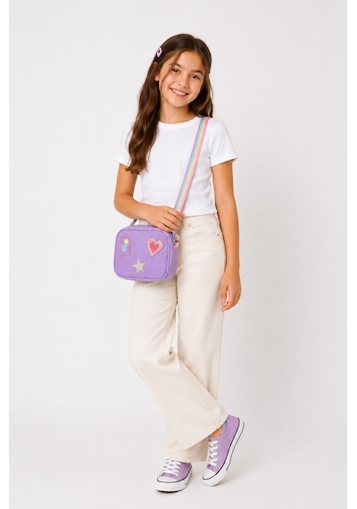 İcone Bag Denim Nakışlı Kız Çocuk Omuz Çantası, Denim İşlemeli Kız Çocuk Çantası, Kot Çocuk Çanta Lila