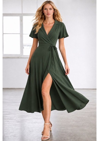 Butik İstanbul Kadın Kısa Kollu Kruvaze Yakalı Belden Kuşaklı Yırtmaçlı Midi Viskon Elbise Zümrüt