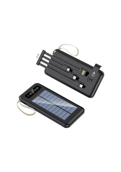 20000 Mah Solar Powerbank Güneş Enerjili Usb Çıkışlı Kablolu Led Işıklı Taşınabilir Şarj siyah
