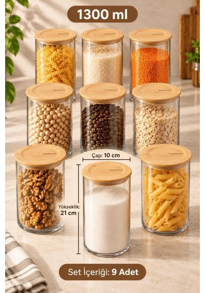 Bambum Duo 9'lu Bambu Kapaklı Cam Erzak Kavanozu Seti 1300 Ml - Vakumlu Kiler Bakliyat Ve Baharat Saklama Kabı Çok Renkli