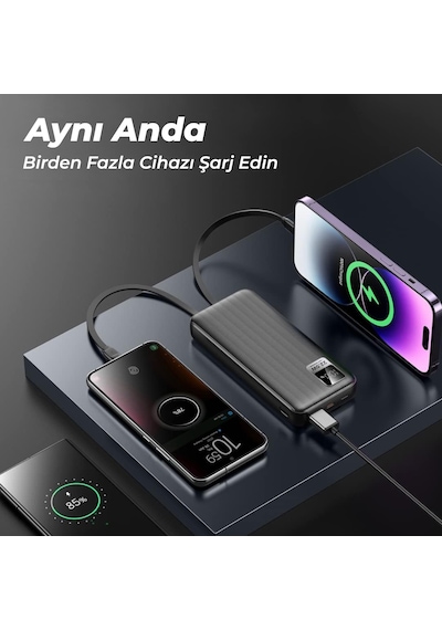 Woyax Dahili Type-C ve Lightning Kablolu 10000mAh Powerbank 22.5W Hızlı Led Ekranlı Taşınabilir Şarj Cihazı