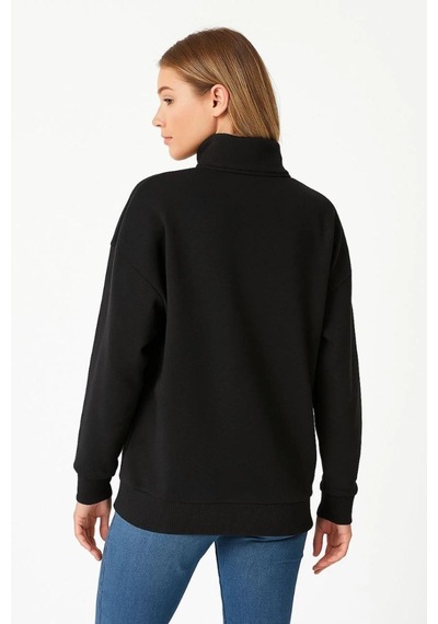 Mbb E-ticaret Kadın 3 İplik Pamuklu Dık Yaka Yarım Fermuarlı Sweatshirt - Siyah