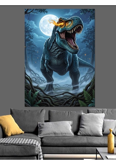 Ahşap Tablo Dolunayda Kükreyen Dinozor Rex