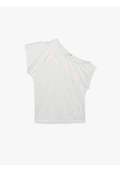 Koton Viskon Karışımlı Slim Fit Kısa Kollu Omzu Açık Baskılı Tişört Kar Melanj 6sal10912ık Gri Melanj