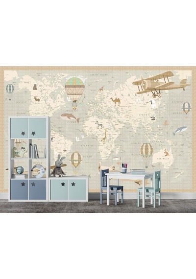 Dünya Haritası Uçaklar Balonlar Poster Duvar Kağıdı Renkli