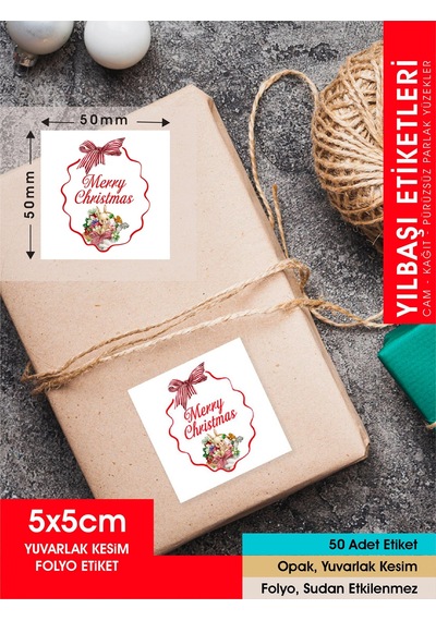 Yılbaşı Etiket Tavşanlı-1, Merry Christmas, 5 Cm-50 Adet Folyo Sticker Çok Renkli