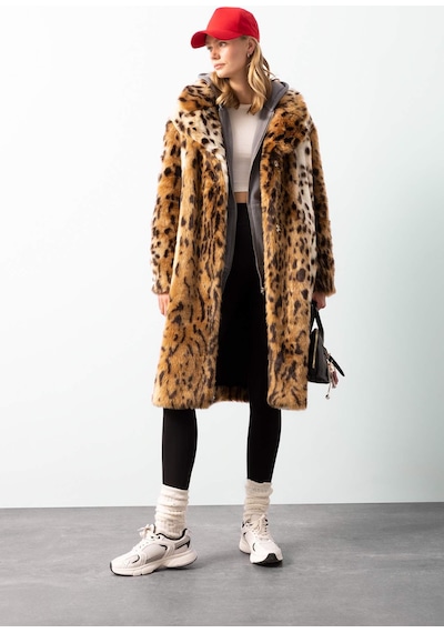 DeFacto Relax Fit Leopar Desenli Ceket Yaka Cepli Uzun Suni Kürk Kaban D4005AX24WNBN561 Kahve
