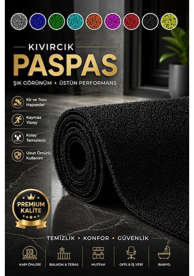 Siyah Kıvırcık Paspas Tüm Ölçüler Kaymaz Taban Halı Yolluk Kapı Önü Paspası