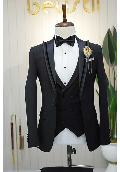 Bys Beystil Erkek Siyah Slimfit Yelekli Damatlık & Smokin 76016