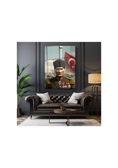 Atatürk Askeri Üniformalı Türk Bayraklı Cam Tablo Mustafa Kemal Atatürk Portresi Ev Ve Ofis Dekoru