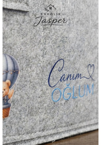 Jasper Canım Oğlum Ve Hayvan Figürlü Gri Keçe Özel Tasarım Bebek Bakım Çantası Hediyelik