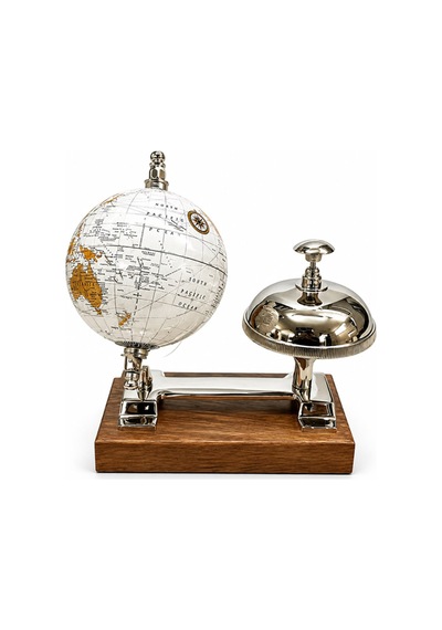 2 Adet Masa Üstü Dünya Küre Resepsiyon Çanlı Dekoratif Masa Objesi, Desk Globe Ve Bell 1