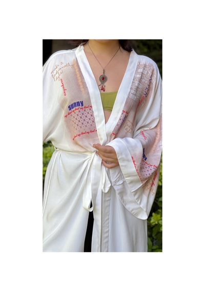 Lila Mare Çiçekli Yazılı Kimono Renkli Renkli