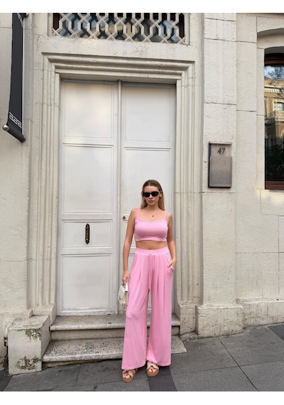 Bonacosa Kadın Viskon 3 Lü Takım Kimono + Beli Lastikli Salaş Pantolon + Crop 8 Renk Pembe Bonacosa Kadın Viskon 3 Lü Takım Kimono + Beli Lastikli Salaş Pantolon + Crop 8 Renk Pembe