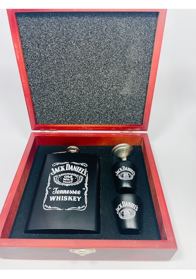 Ahşap Kutukasa Jackdaniel Metal Matara Seti 2şatbardaklı/aly1... Siyah - Kırmızı