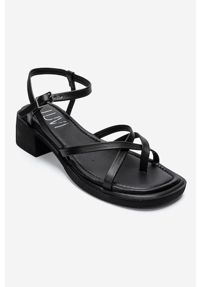 Luvi Shoes Cırelle Siyah Hakiki Deri Parmak Arası Kadın Kalın Topuklu Sandalet