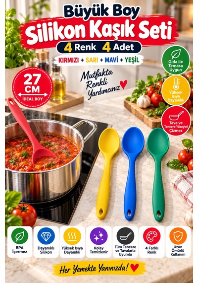 4'lü Set Kırmızı Sarı Mavi Yeşil, Büyük Boy Silikon Kaşık Seti 27 Cm, Yemek Pişirme Ve Servis Kaşığı