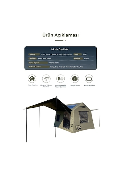 8 Kişilik 8.1 M² Tenteli Gölgelikli, 4 Mevsim, Su Geçirmez 420d Oxford Kumaşlı Şişme Çadır 300 270 220cm Haki