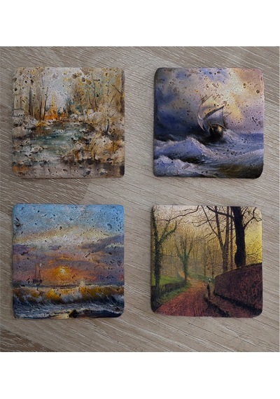 Deniz Ve Doğa Manzaraları Doğal Taş Bardak Altlığı 4'lü Set - Natural Stone Coasters - Taş Çok Renkli