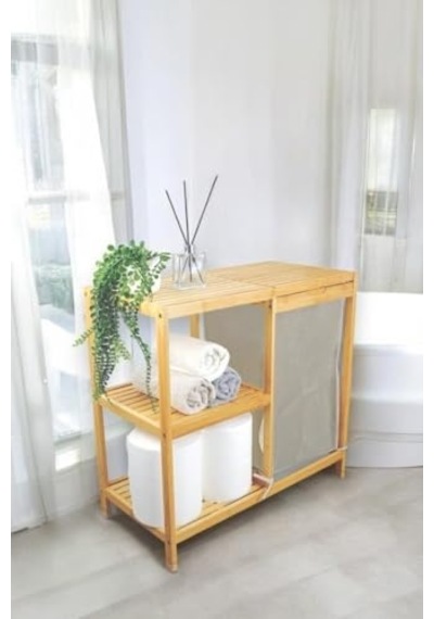 Bambu 3 Raflı Kumaş Sepetli Banyo Düzenleyici Kirli Çamaşır Sepeti Db-0046 Diğer