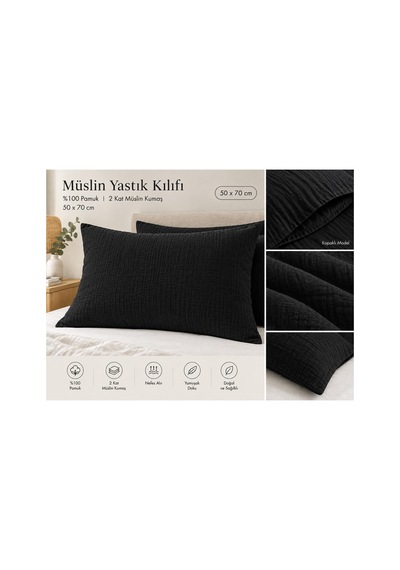2 Kat Müslin Yastık Kılıfı 50x70 Cm Kapaklı Model %100 Pamuk Siyah Siyah