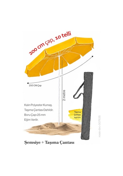 Sarı Renkli 200 Cm Çap Ve 10 Telli Plaj Şemsiyesi + Şemsiye Kılıfı, Bidonsuz
