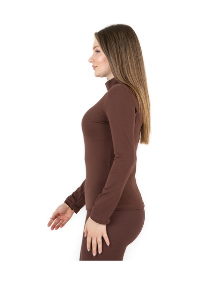Sortie Collection Yarım Balıkçı Uzun Kol Likralı Basic Penye Bluz Kahverengi