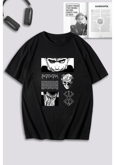 Unisex Kadın Erkek Berserk Anime Baskılı Özel Tasarım Oversize T-shirt Siyah Mck0055 Siyah