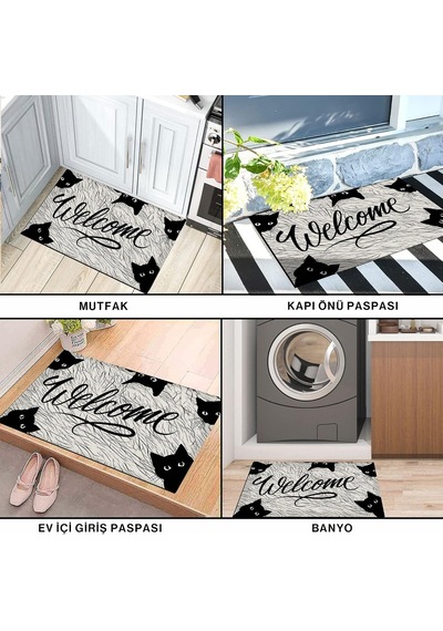 Tasarımlı Dekoratif Kapı Önü Paspas, Dış Mekan/ev İçi/banyo/mutfak/yatak Odası/giriş Paspasları Siyah Kedil Çok Renkli