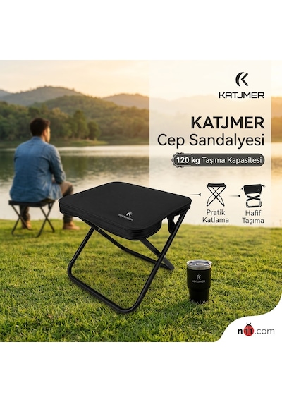 Katjmer Taşınabilir Çantalı Kamp Sandalyesi Mini Balıkçı Ve Piknik Taburesi Katlanır Cep Sandalyesi Siyah