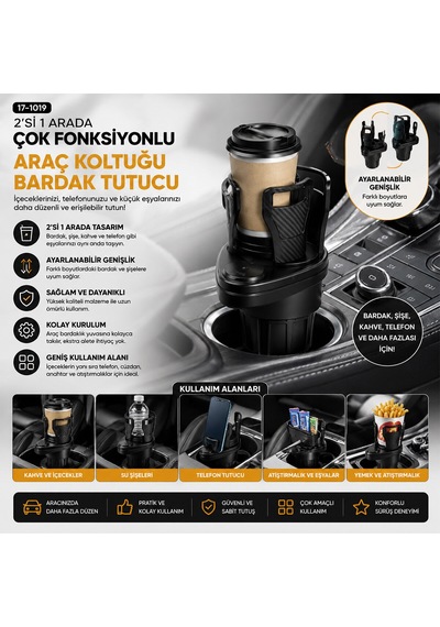 Araç İçi Çok Fonksiyonlu Bardak Tutucu - 2 Bölmeli 360 Dönebilen - Genişleyebilir Üst Hazne - Stand Cws-003 Diğer