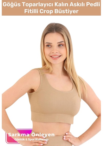 Fantazer Premium Göğüs Toparlayıcı Sarkma Önleyen Spor Günlük Kalın Askılı Pedli Fitilli Crop Büstiyer Vizon