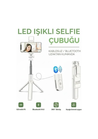 Led Işıklı Selfie Çubuğu Bluetooth Kumandalı Kablosuz Tripot Selfie Monopod Selfie Stick Beyaz Lisinya