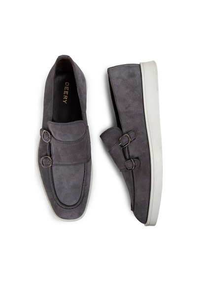 Deery Hakiki Süet Gri Çift Tokalı Erkek Loafer Ayakkabı - 01966mgrıc01 Gri