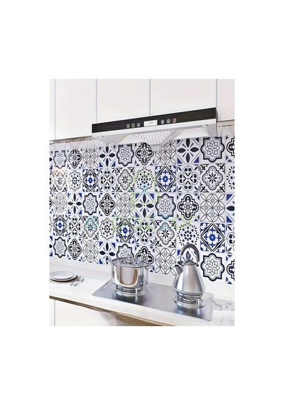 5 Metre X 60 Cm Retro Mavi Çini Desenli Mutfak Banyo Fayans Tezgah Masa Dekorasyon Yapışkanlı Folyo