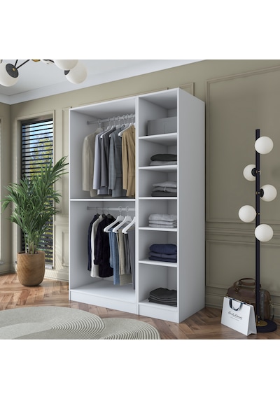 Rani Ba164 Gardırop Elbise Dolabı 3 Kapaklı 6 Raflı 2 Askılı Modüler Dolap Beyaz