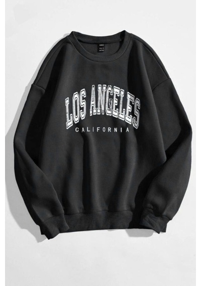 Los Angeles California Sweatshirt - Siyah Baskılı Oversize Kışlık Kalın Bisiklet Yala Siyah