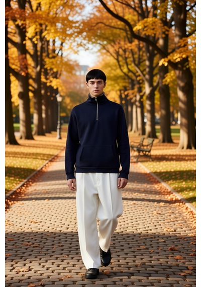 Benerly Erkek Fermuarlı Dik Yaka Düşük Kol Nakışlı Sweatshirt Fonksiyonel Lacivert