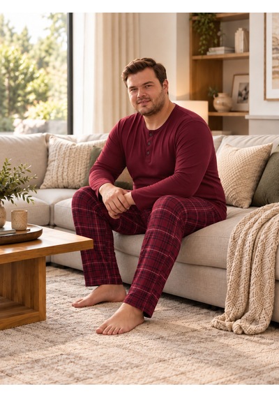 Seboteks İnterlok Kumaş Yakası Düğmeli Uzun Kollu Büyük Beden Erkek Pijama Takımı 8589 Bordo