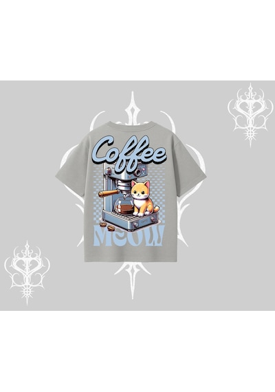 Tarzsokak Coffee Meow Kahve Temalı Kedi Arka Baskılı Oversize Tshirt Gri