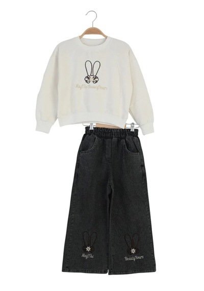 Erdem Kıds Kız Çocuk Bayramlık Günlük - Casual Geniş-bol Paça Palazzo Kot Pantolon-sweatshirt İkili Takım Beyaz - Siyah